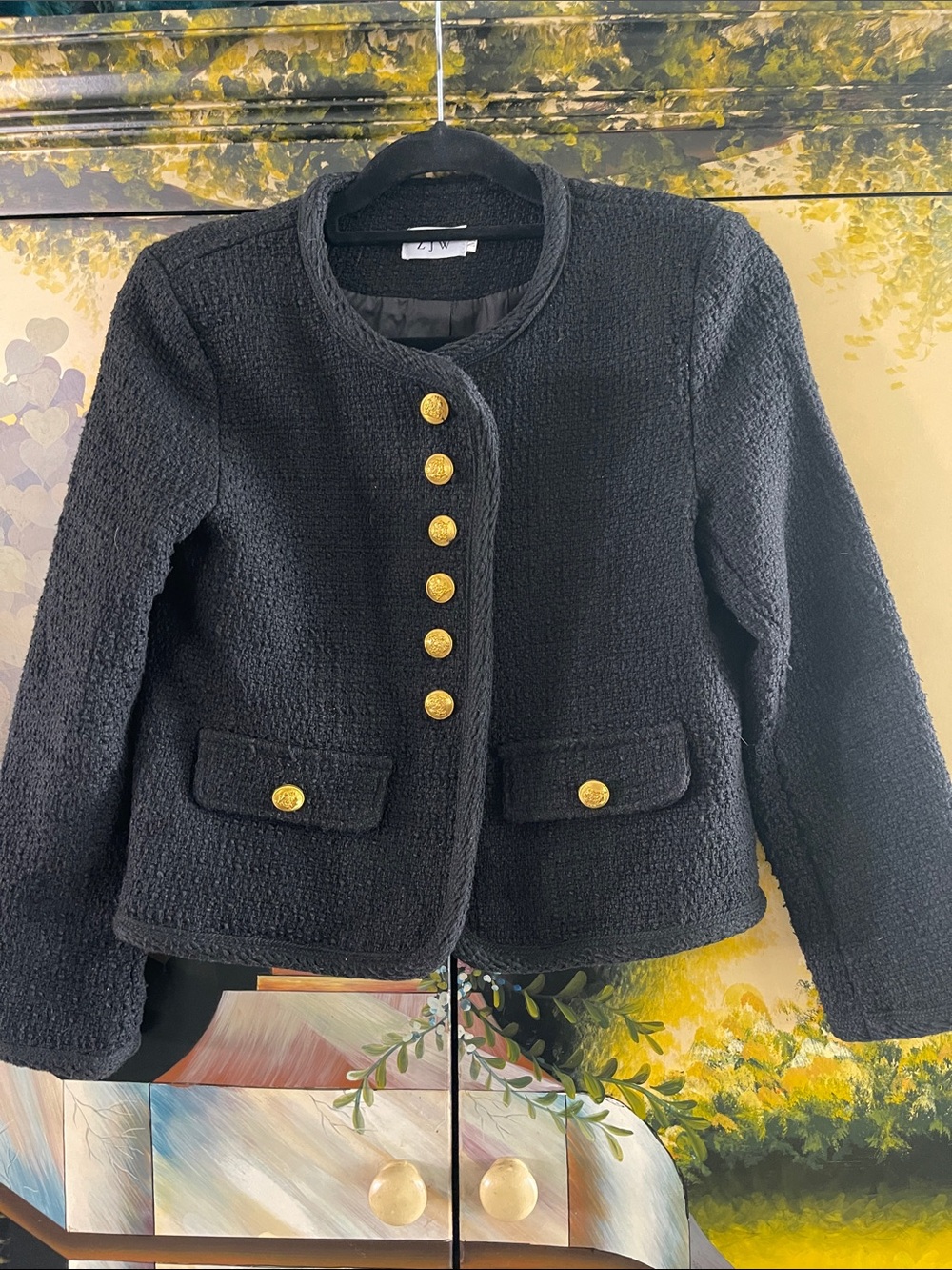 Classic Black Tweed Collarless Blazer with Gold Buttons
